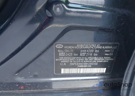 2011 Hyundai Sonata Gls z USA, uszkodzony, nr VIN 5NPEB4ACXBH295100